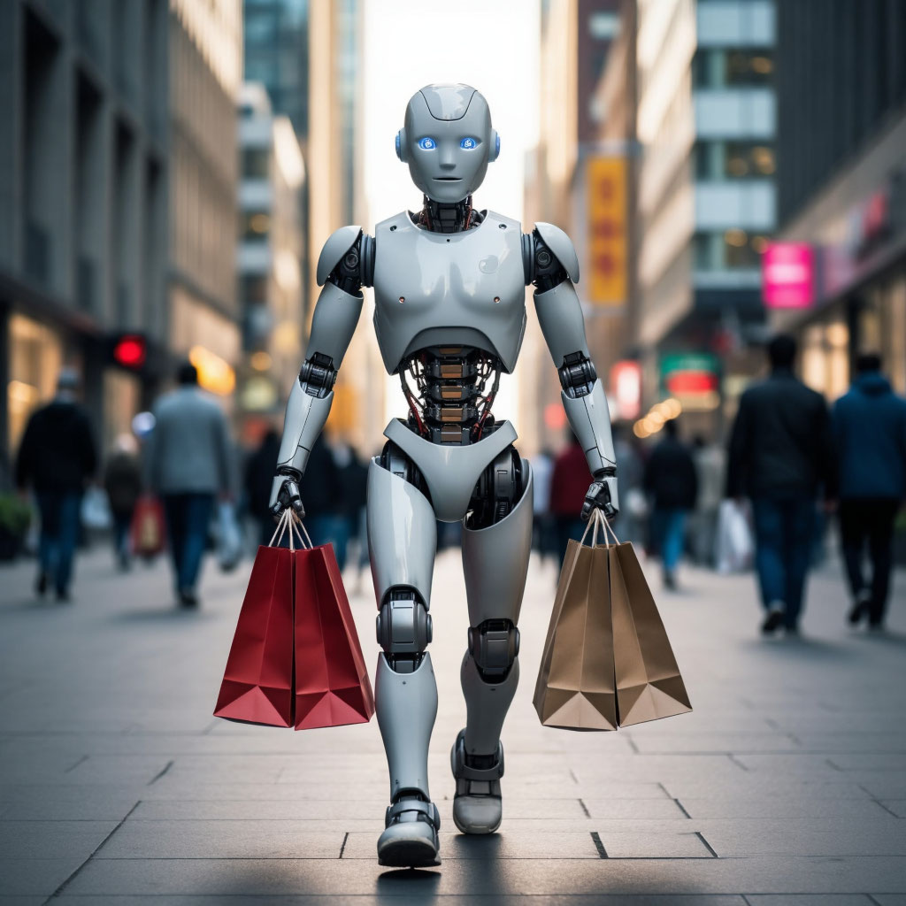 Магазин Robototekh.ru Робот идёт с покупками из магазина